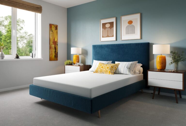 blue bed with mattress